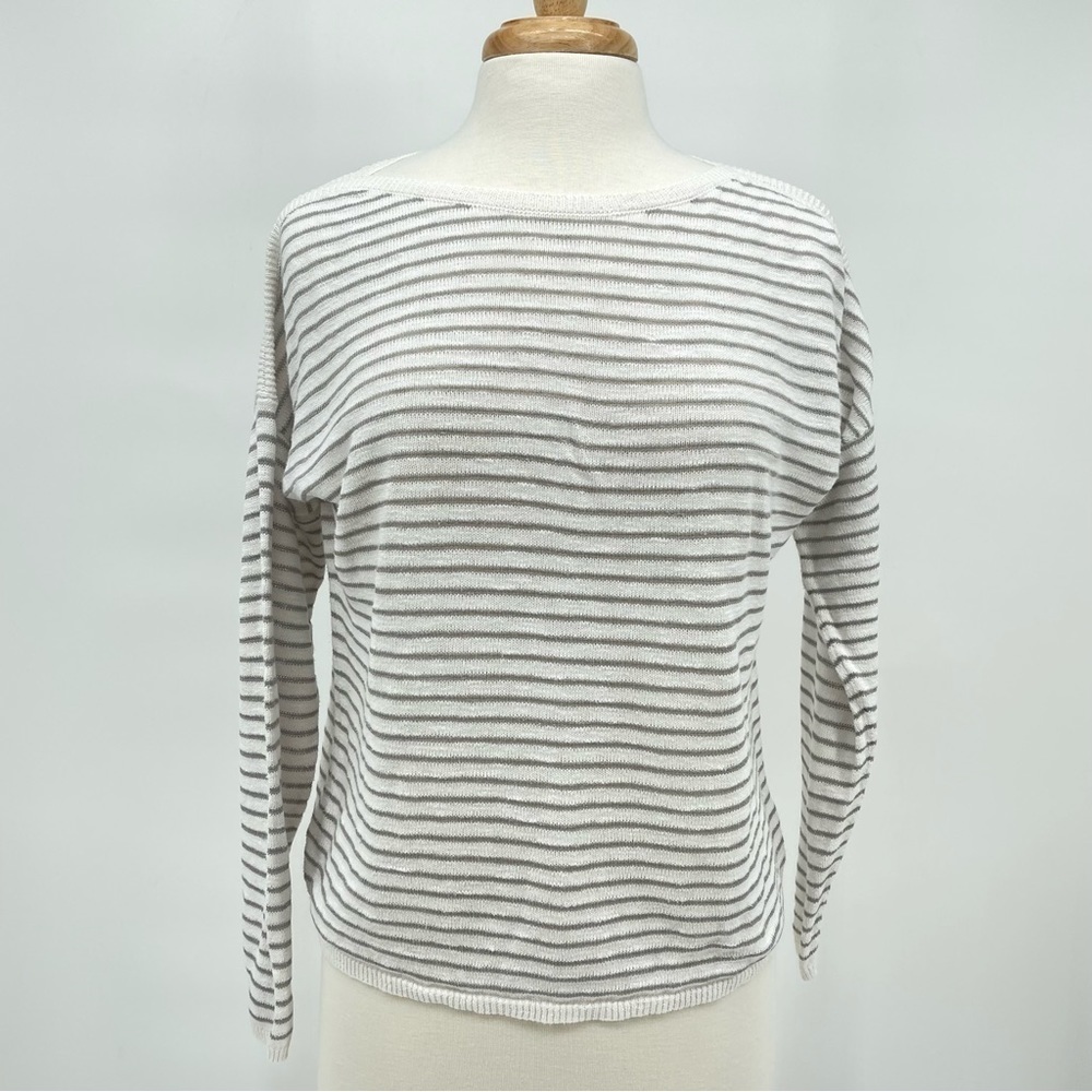 Eileen Fisher Knit Sweater Scoop Neck Grey and White Stripes Size Medium